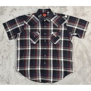 Ely Plains Shirt Mens XL Black Red Plaid Western Pearl Snap Shirttail Hem Cowboy